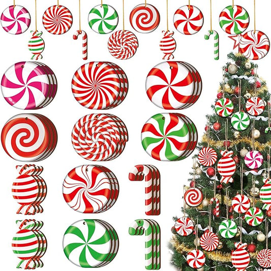 Qunclay 36 Pieces Candy Cane Christmas Ornaments Christmas Wood Hanging Decor Xmas Tree Wood Cutouts Peppermint Decor for Home Party Decoration Supplies (Colorful Candy)
