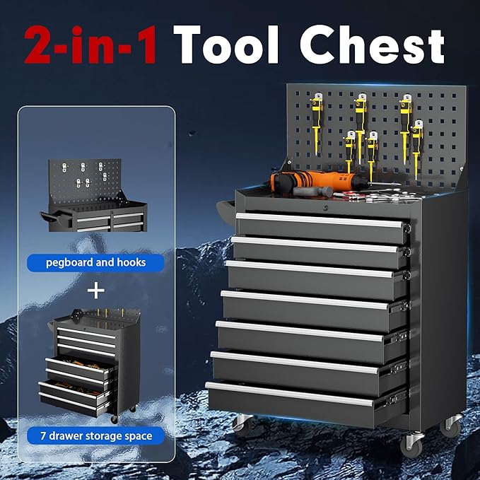 Superday Rolling Tool Chest, 7 Drawer Portable Tool Chest with Wheels, Tool Storage Cabinet with Lock for Garage, Steel Tool Cart with Pegboard & Hooks for Workshop, Warehouse (Black)