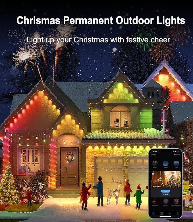 Smart Permanent Outdoor Lights, 100ft with 60 RGBW+IC LED String Lights, IP67 Waterproof Eaves Light with 108 Scene Modes for Halloween Christmas Birthday Holiday Party, APP/Remote Control