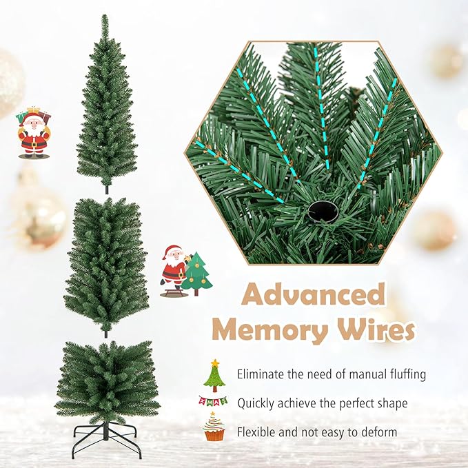 GOFLAME 7FT Prelit Pencil Christmas Tree, Slim Artificial Xmas Tree with 523 Memory Wire Branch Tips, 190 Warm White LED Lights & Upgraded Metal Stand, Seasonal Holiday Decoration Tree for Home Party