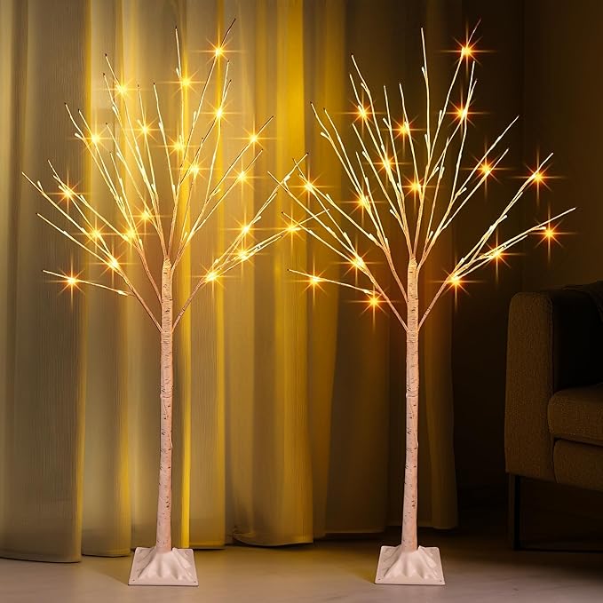 TW SHINE 2 Pack Lighted Birch Tree, 4 FT Total 96 LED Pre-lit Artificial Christmas Trees for Thanksgiving Christmas Decorations Indoor Outdoor Home Festival Wedding Party, Warm White
