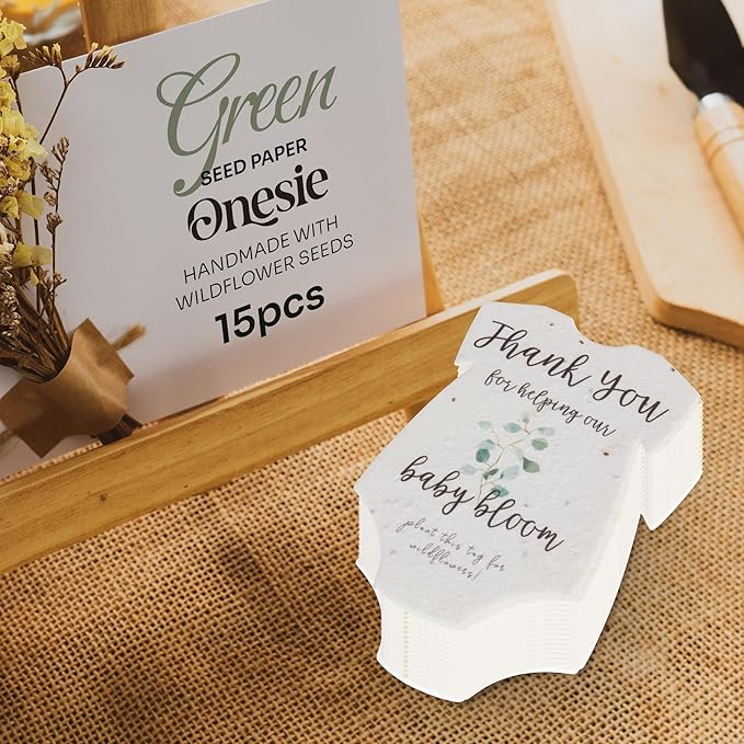 Onesie Seed Paper – 15Pcs Green Baby Shower Favors for Guests with Wildflower Seeds, Writable & Plantable, Baby Shower Gifts for Guest