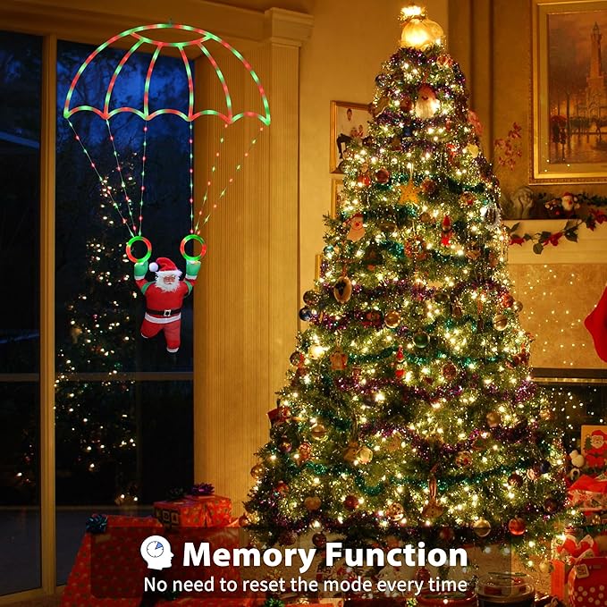 Christmas Decorations Lights Outdoor, 2.8ft LED Christmas Parachute Light with Santa Claus, 8 Modes & Timer Battery Operated Hanging Xmas Lights for Roof Eave Balcony Home Garden Decor (Red Green)