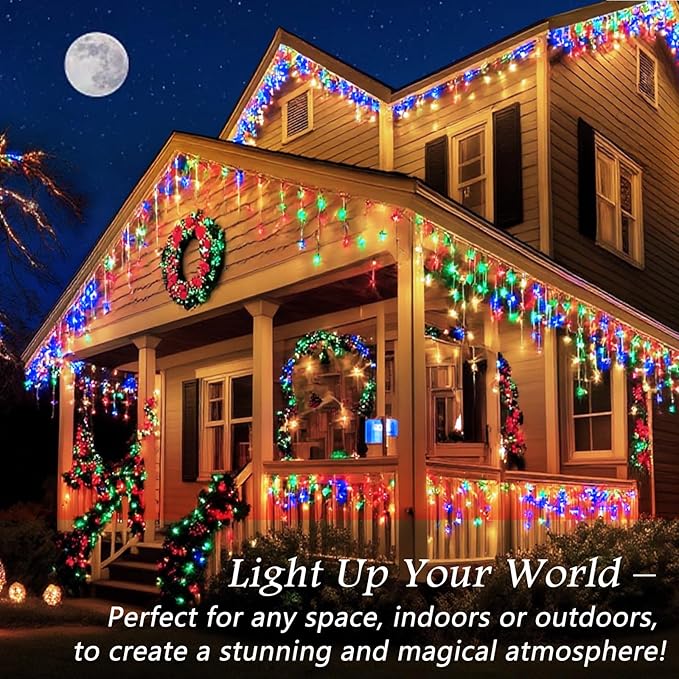 131FT 1280 LED Icicle Outdoor String Lights Multicolor - Waterproof Christmas Curtain Lights, 8 Modes Twinkle Function for Patio, Wedding, Holiday, Party Decorations
