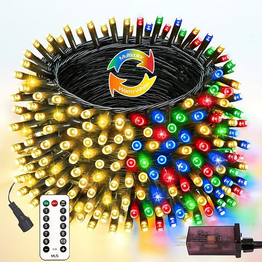 82FT 200 LED Color Changing Christmas String Lights with Remote & Timer & Memory Function, 8 Lighting Modes Waterproof Fairy String Lights for Xmas Tree Holiday Party Garden (Warm White & Multicolor)