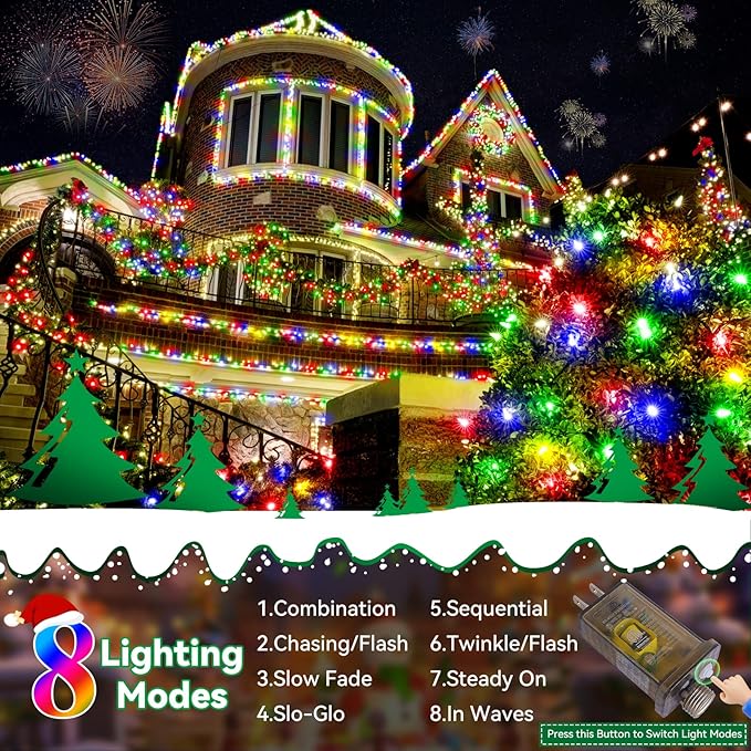 Heceltt Christmas Lights Outdoor, 522FT 1300 LED String Lights with 8 Lighting Modes, Timer Memory Twinkle Fairy Lights Waterproof Plug in for Xmas Tree Wedding Party Holiday Decor(Multicolor)