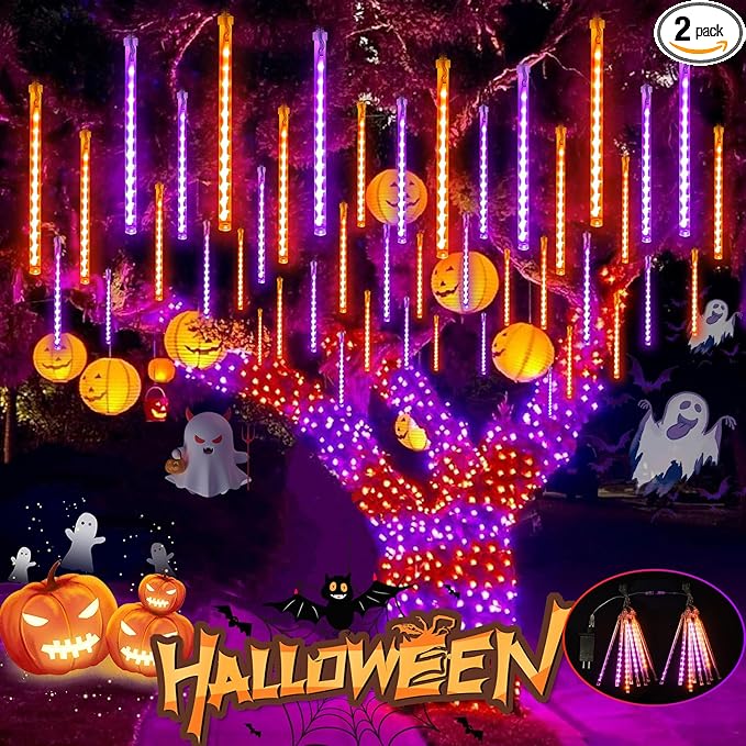 Halloween Lights Outdoor, 2 Pack Extendable Meteor Shower Lights Outdoor Waterproof with Timer, Total 384 LED 30cm 16 Tubes Cascading String Light Plug in for Halloween Yard Party (Orange and Purple)