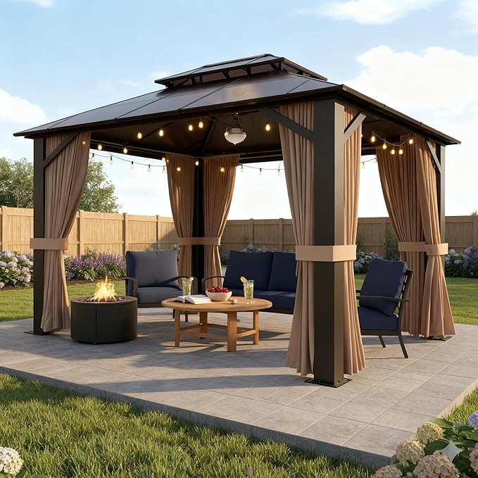 10x12 Hardtop Gazebo with Curtains and Netting, Double Roof Polycarbonate Canopy, Heavy-Duty Aluminum Frame – All-Weather, UV & Rust Resistant for Patio, Garden, and Deck