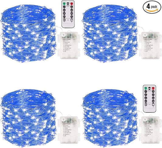 4 Pack 100 LED Fairy Lights Battery Operated with Remote, 33FT Waterproof Twinkle Lights with Timer & 8 Modes, Fairy String Lights Outdoor Indoor for Bedroom Classroom DIY Christmas Decor (Blue)