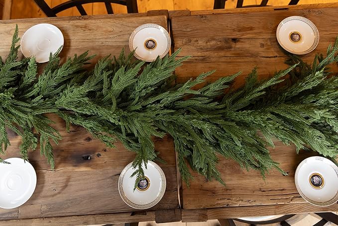 9ft Handmade Christmas Garland,Artificial Norfolk Pine Needles Greenery Seasonal Garland for Christmas Firepalce Winter Holiday Indoor Outdoor Decoration