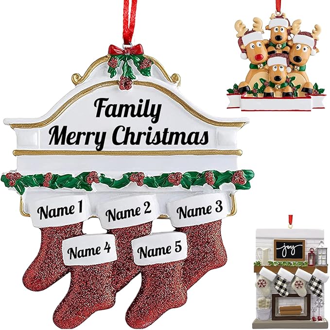 Personalized Christmas Ornaments 2023 Red Stocking Family of 2/3/4/5/6/7/8 Custom Christmas Ornament with Names Customized New Year Family Ornament for Christmas Tree Decor（Family of 5）