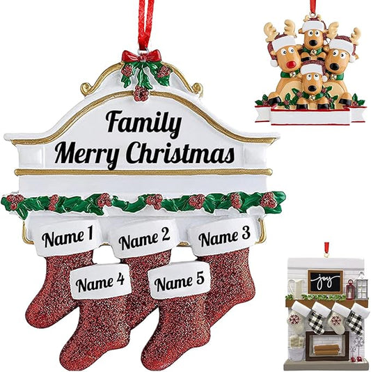 Personalized Christmas Ornaments 2023 Red Stocking Family of 2/3/4/5/6/7/8 Custom Christmas Ornament with Names Customized New Year Family Ornament for Christmas Tree Decor（Family of 5）