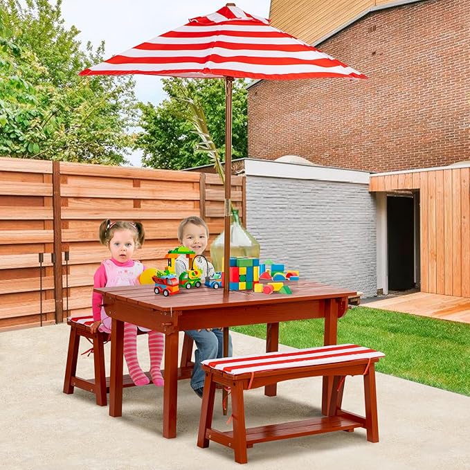 Kids Picnic Table with Umbrella, Outdoor Wooden Table & Bench Set w/Cushions & 2 Removable Boxes, 4-in-1 Children Sand and Water Activity Furniture w/Storage Cover for Patio, Garden