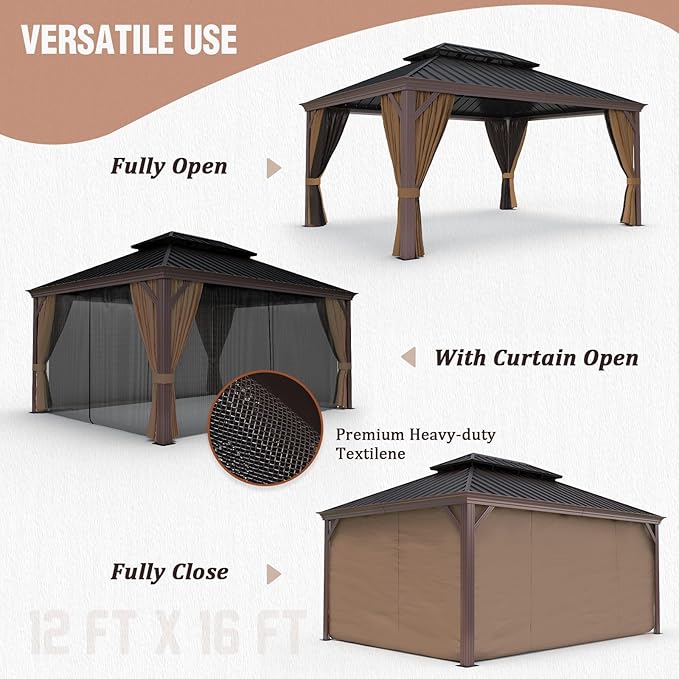 EAGLE PEAK 12x16 Hardtop Gazebo, Galvanized Steel Double Roof with Aluminum Frame, Outdoor Pavilion with Netting and Curtains for Patio, Deck, Lawn and Garden, Brown/Black