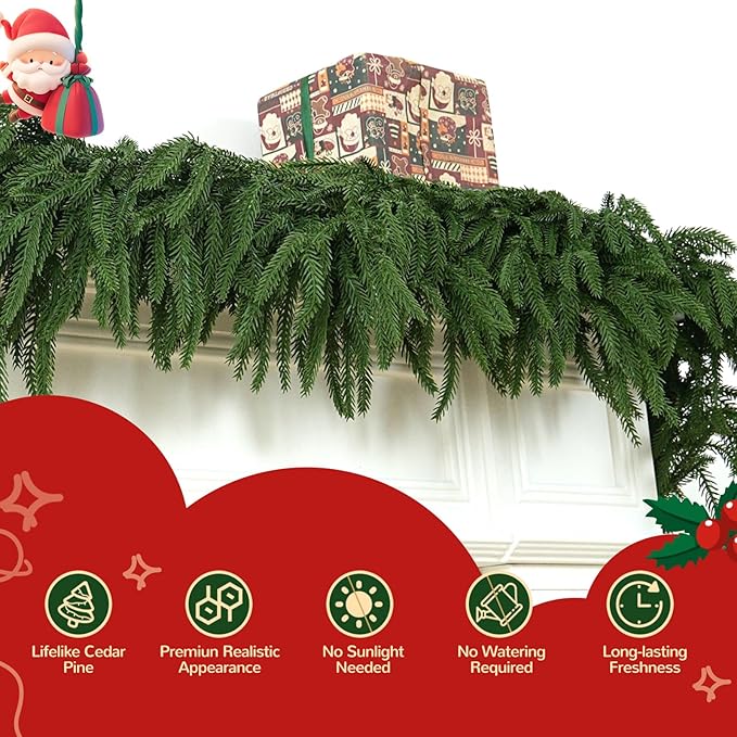 6FT Double Fullness with 88 Tips Norfolk Pine Garland Realistic - 72" Thick Deluxe Faux Christmas Greenery Garland Artificial Green Winter Pine Garlands for Mantle Staircase Table