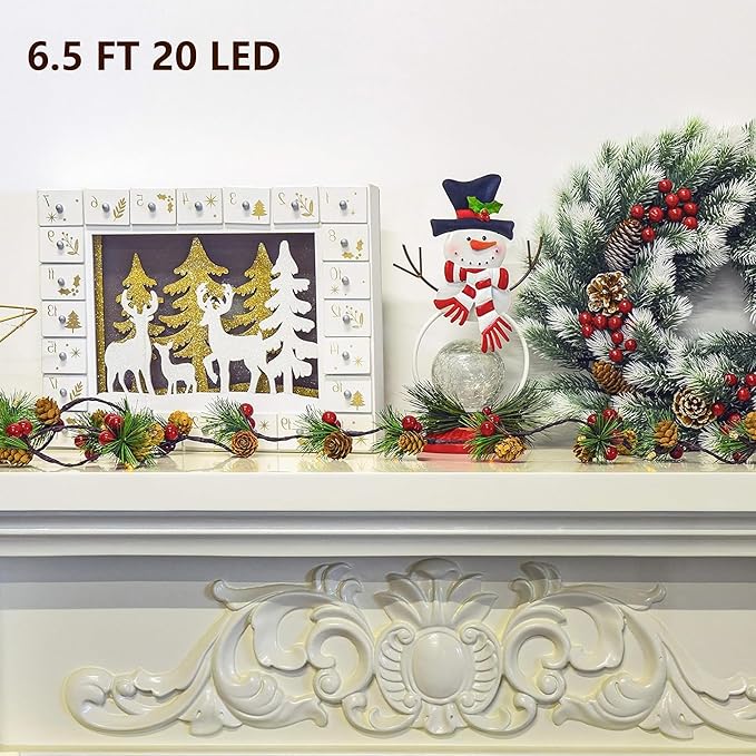 TW SHINE 2 Pack Christmas Pine Cone String Lights, 13 FT 40 LED Total Prelit Battery Operated Garland with Red Berry for Indoor Outdoor Xmas Fireplace Decorations