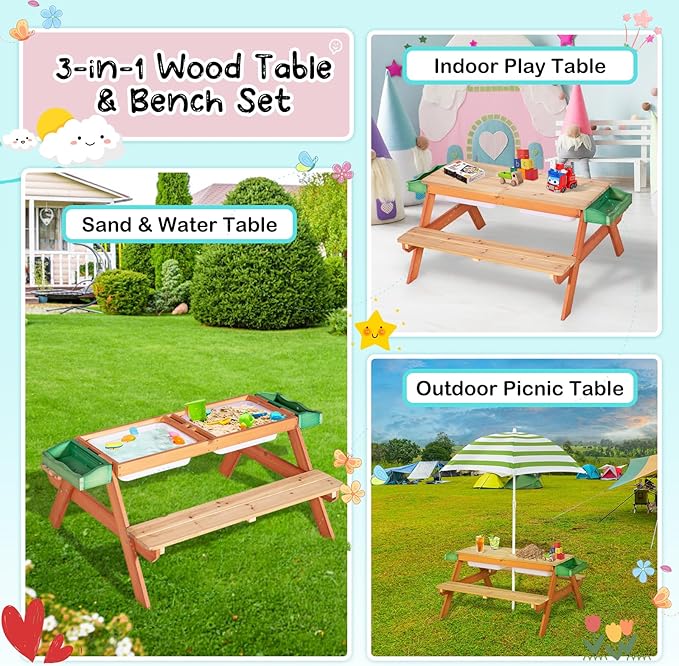 Kids Picnic Table, Outdoor Wooden Table w/Adjustable Umbrella & Garden Bed, 4-in-1 Sand & Water Activity Table w/Built-in Bench & Removable Boxes, Patio, Backyard