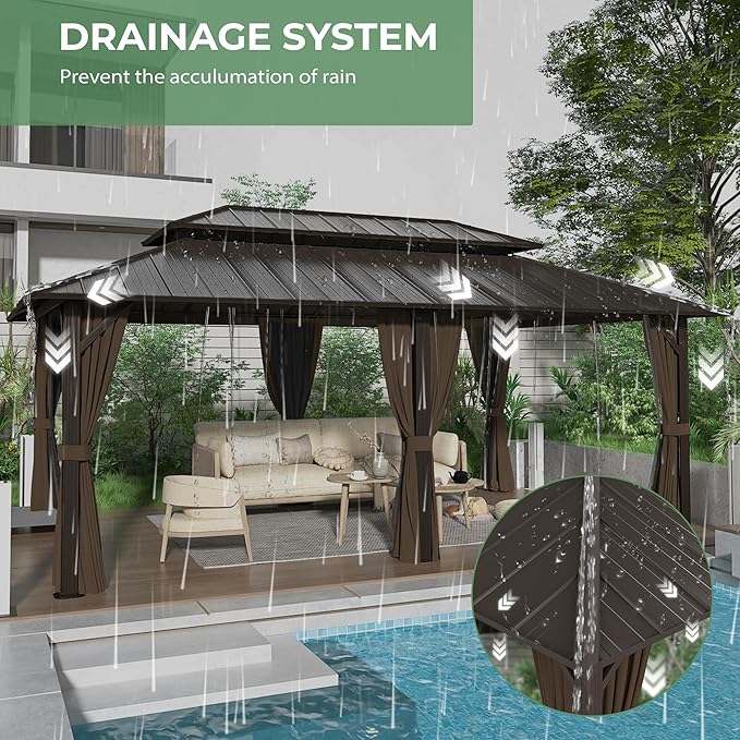 12' x 20' Hardtop Gazebo, Aluminum Frame Gazebo with Double Galvanized Steel Roof, Outdoor Permanent Pavilion with Netting & Curtains for Backyard, Garden, or Deck, Brown