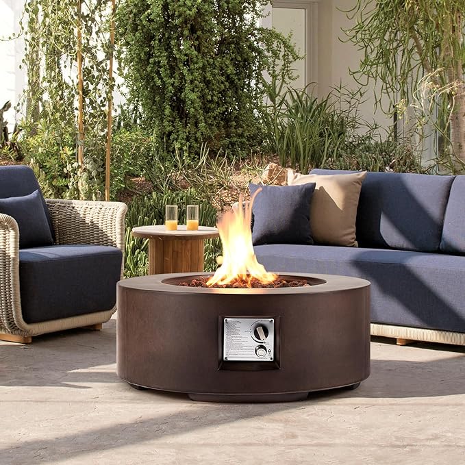 ECOTOUGE Propane Fire Pit Table, Outdoor Gas Fire Pit, 30''Auto-Ignition Round Steel Fire Table, 50,000 BTU Concrete fire Pit w/Weather-Resistant Pit Cover, No Tank Holder, Brown