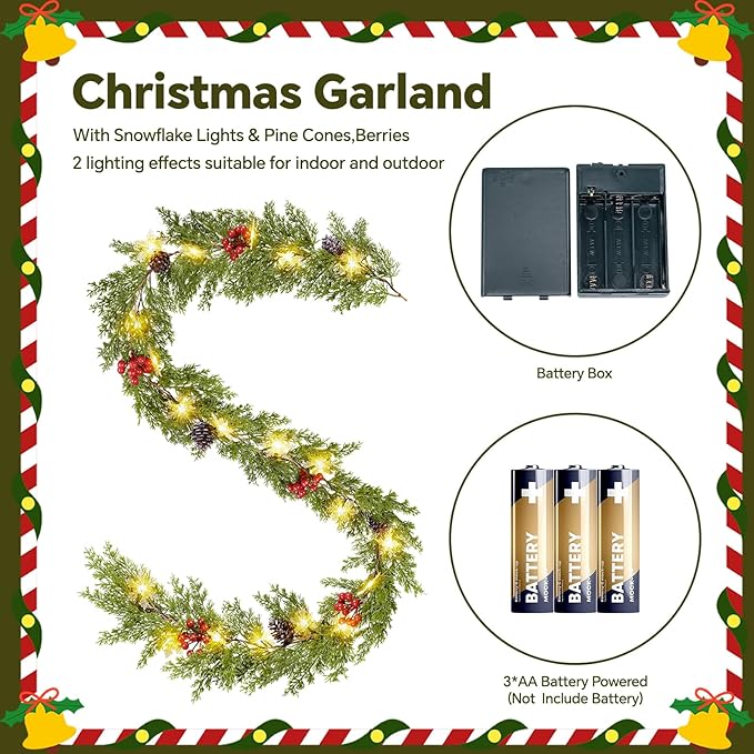 6FT Pre-lit Christmas Cedar Garland Realistic Christmas Garlands Snowflake Lights, Artificial Green Pine Greenery Cypress Garland Decorations Indoor Outdoor Holiday Winter Xmas Decor