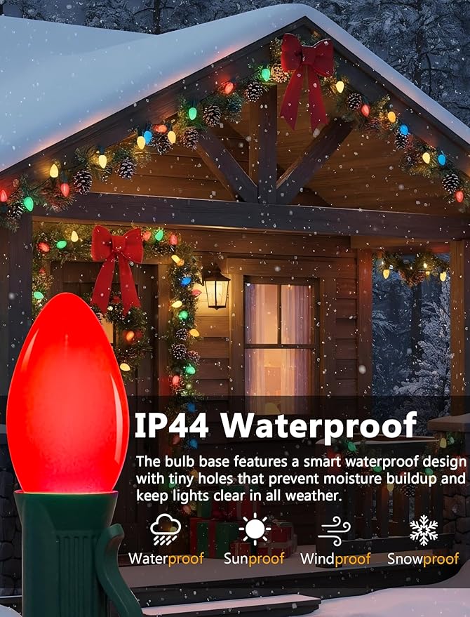 C7 LED Vintage Christmas Lights 25FT Outdoor String Lights – Multicolor Shatterproof and Waterproof LED Christmas Lights with 27 Bulbs (2 Spares) for Porch, Patio, Tree, and Garden Holiday Decor