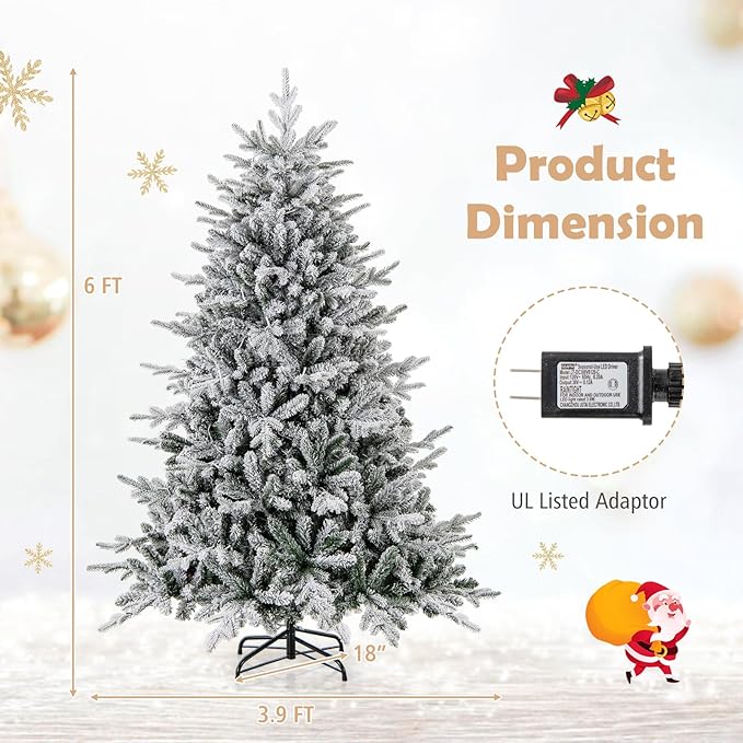 GOFLAME 6ft Pre-Lit Christmas Tree Snow Flocked, Hinged Artificial Xmas Tree with 820 Branch Tips, 260 Multi-Color LED Lights, 8 Lighting Modes, Holiday Decoration Tree for Home Office Party