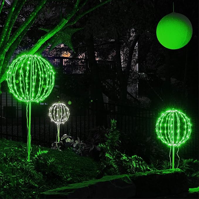LED Light Ball Indoor-Outdoor Christmas Hanging Tree Globe Light Sphere, Fold Flat Metal Frame (12", White Frame/Green String Lights)