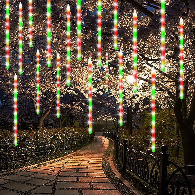 Meteor Outdoor Icicle Lights - 12 Inch, 288 LED, Snow Falling, Connectable, Red & Green, Xmas Wedding Party Tree Decor
