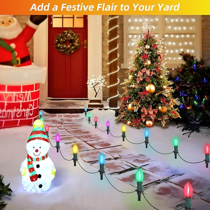 30Ft C9 Led Christmas Pathway Lights Outdoor, 20 Multicolor Bulbs Waterproof Connectable Christmas Walkway Lights with Stakes for Yard Lawn Sidewalk Driveway Decorations