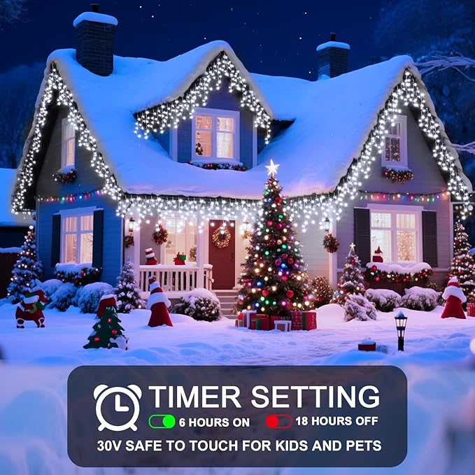 32 Ft Ice Lights for Outside, 400 LED Christmas Lights Outdoor Plug in, Christmas String Lights with 12 Modes & Timer for Holiday, Party, Wedding, House, Patio, Outdoor Decor(Cool White)
