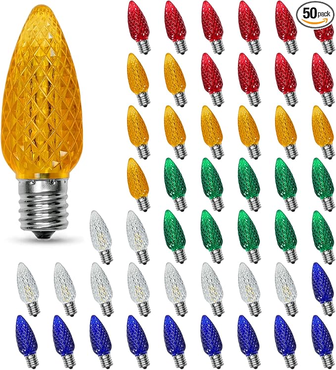 50PACK Multicolor C9 LED Christmas Lights Replacement Bulbs，Shatterproof & Waterproof Plastic C9 Led Bulbs for Outdoor String Lights, E17 Base, 0.6W Equivalent to 7W, 50LM Holiday Decoration