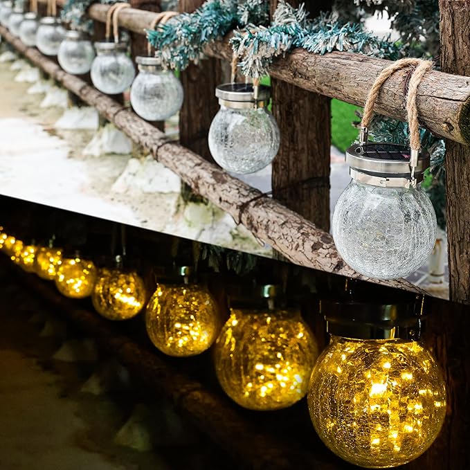 Cooo Christmas Gifts 6 Pack Heavy Crackle Glass Solar Lantern with 30 LED Firefly Lights– Waterproof Outdoor Hanging Lamp 215% Larger Solar Panel, Stainless Steel Lid Decorative Lighting for Garden
