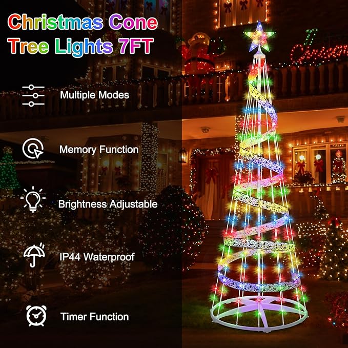6 FT 180 LED Christmas Tree with Lights, Outdoor Christmas Cone Tree with 8 Modes Timer Remote Waterproof, Christmas Tree Lightshow for Indoor Outside Yard Porch Xmas Decorations, Multicolor