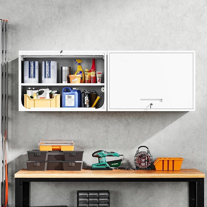 Yizosh Metal Wall Cabinet with Doors and Shelves, Floating Storage Unit for Garage or Basement (White, 21.6 H)
