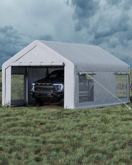 13X20 FT Portable Carport Garage with Roll-Up Windows & Doors, Heavy-Duty 200g PE Tarp, Waterproof & UV Protected Outdoor Shelter for Car, Boat, Truck, Motorcycle