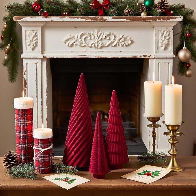 DN DECONATION 3Pcs Flocked Red Velvet Table Top Christmas Tree, Resin Xmas Tree Figurine Decor with Pine, Swirl & Wave Designs, Tree Statues Set for Christmas Indoor Decorations, Mantel, Entryway