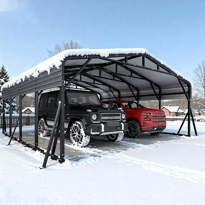 20x20FT Metal Carport, Heavy Duty Car Garage w/Reinforced Support Rods and Windproof Ground Anchors, All-Weather Multi-Use Outdoor Shelter for Car, Boats and Truck