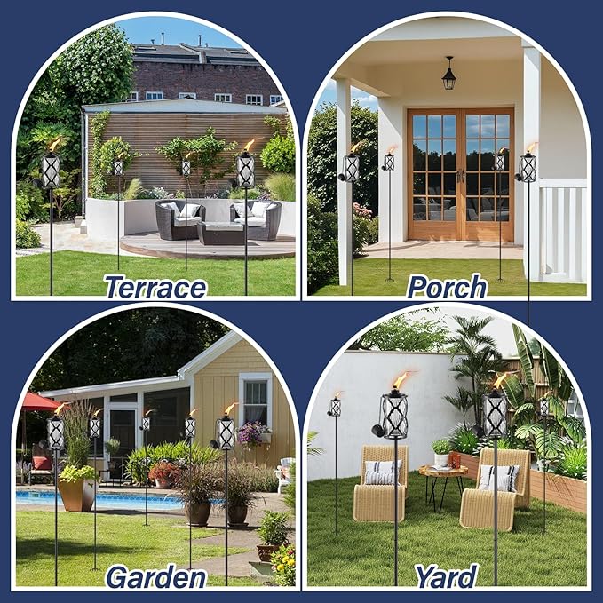 6 Pack Gray Glass Garden Torch,59-Inch Outdoor Torch Garden Décor, Upgraded 16 oz Citronella Torches with 5-Prong Grounded Stake,Metal Light Torches for Party Patio Pathway