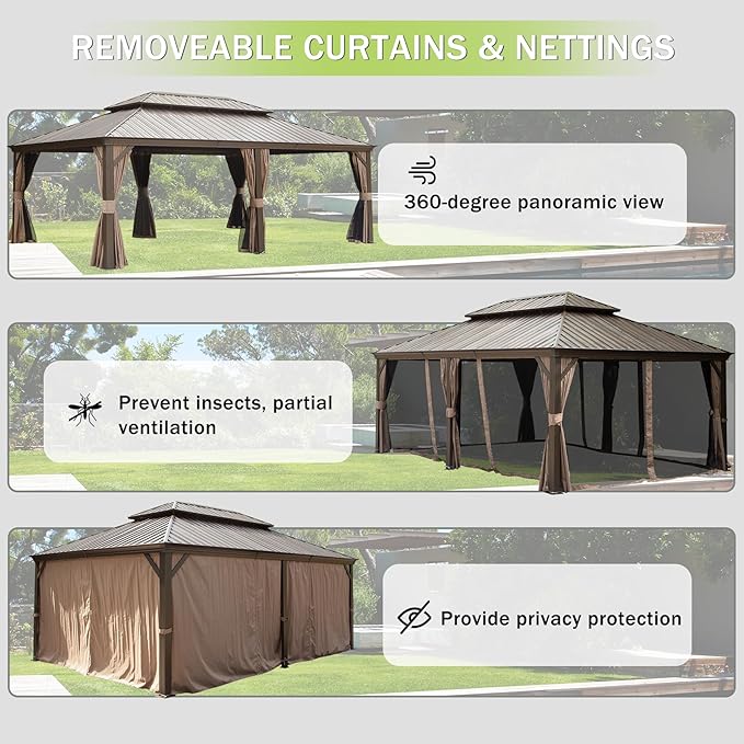 Domi 12x16FT Outdoor Gazebo, Hardtop Gazebo with Galvanized Steel Double Roof, Metal Gazebos with Drainage System Patio Pergola for Patio Deck Backyard,Curtain and Netting,Brown