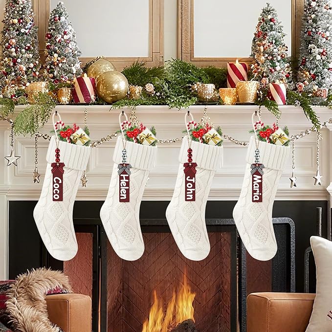 Christmas Stockings 18 Inches,Long Knitted Stocking with Name Tags, Christmas Decoration Hanging Stockings Fireplace Xmas Tree Ornaments for Home Family