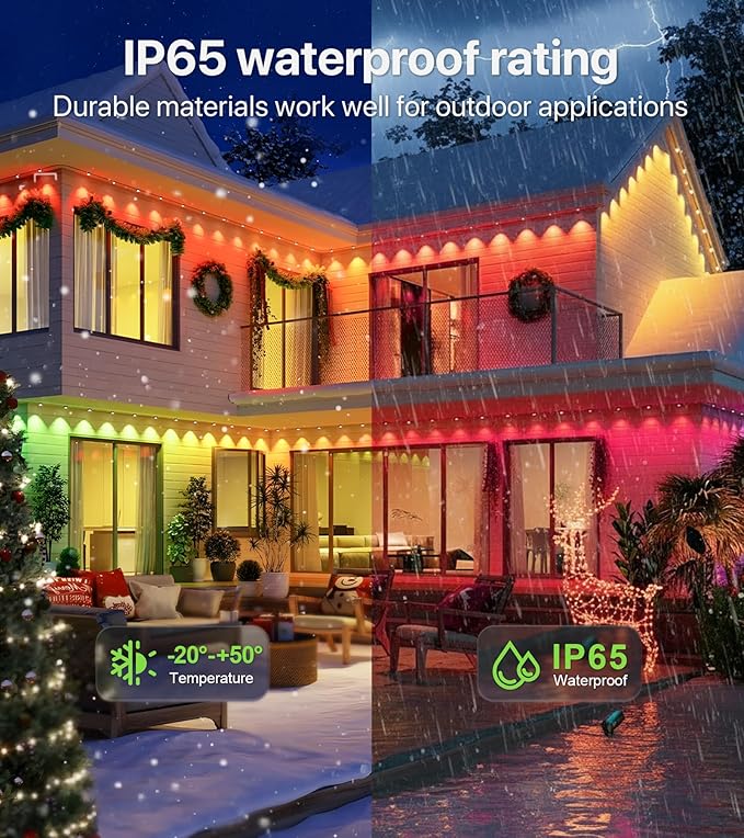 Permanent Outdoor Lights-200FT RGB+IC with Smart APP & Remote Control,120 LED Lights,72 Scene Modes, IP65 Waterproof String Lights for Christmas,Yard Decorations(Extension Cord Not Included)