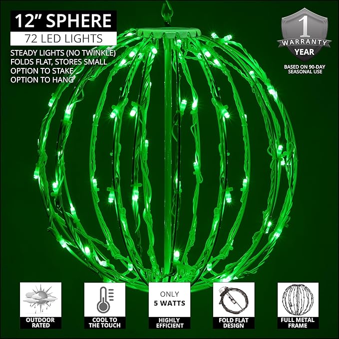 LED Light Ball Indoor-Outdoor Christmas Hanging Tree Globe Light Sphere, Fold Flat Metal Frame (12", White Frame/Green String Lights)