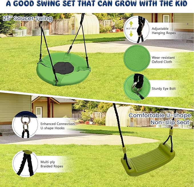 Costzon 660 lbs Swing Sets for Backyard, 7-in-1 Heavy Duty Extra Large Metal Swing Frame w/2 Swings, Glider, Gym Rings, Slide, Monkey Bar, Basketball Hoop, Play Equipment for Indoor Outdoor