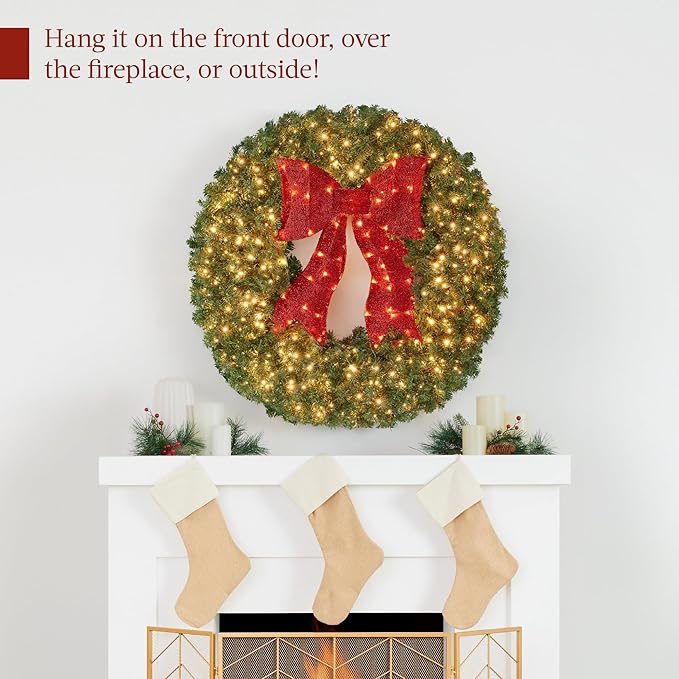 Best Choice Products 24in Large Artificial Pre-Lit Fir Christmas Wreath Holiday Accent Decoration for Door, Mantel w/Red Lighted Bow, 70 LED Lights, 100 PVC Tips, Battery Operated