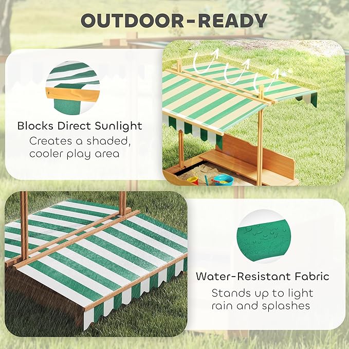 Outsunny Wooden Sandbox with Lid, Kids Sandbox with Canopy Outdoor, Sand Box with Foldable Bench Seats and Sand Protection, Bottom Liner Included, Kids Gift for Aged 3-7, 47X47 in, Brown