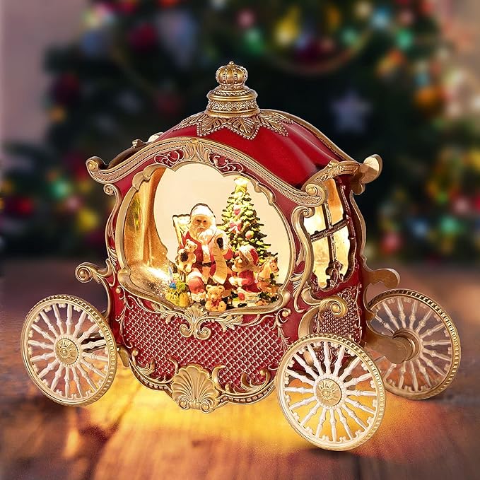 Christmas Snow Globes,Christmas Carriage Snow Globe with 8 Music & Timer, Battery Or USB Cable Powered Operated Glittering for Christmas Table Centerpiece Decoration.Gift- Santa,Christmas Tree