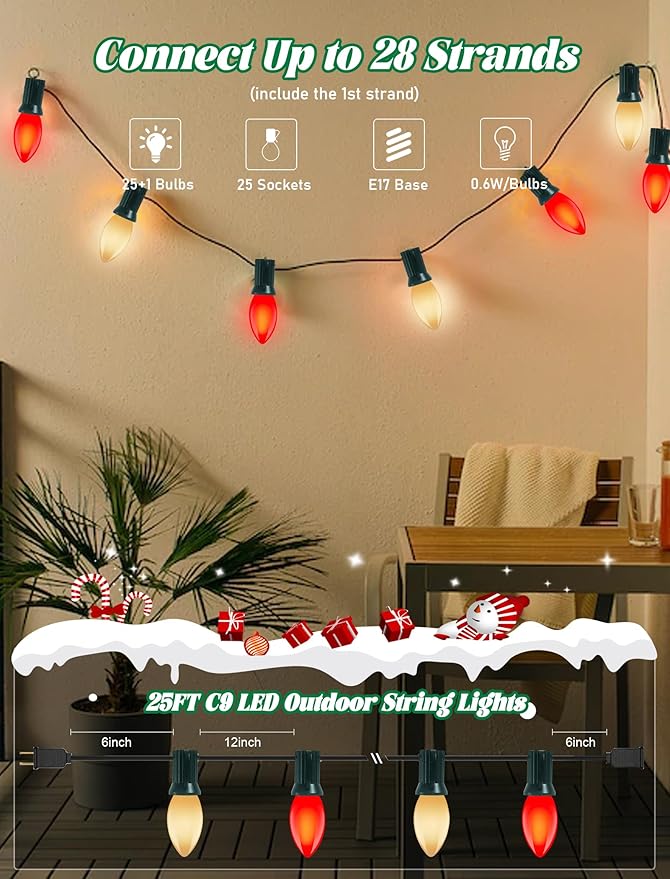 25Ft LED C9 Red and White Christmas Lights Outdoor, C9 Vintage Christmas Lights with 26 LED Red and White Bulbs, Hanging Outdoor String Lights for Patio Outside Holidays Party Xmas Roofline Wedding
