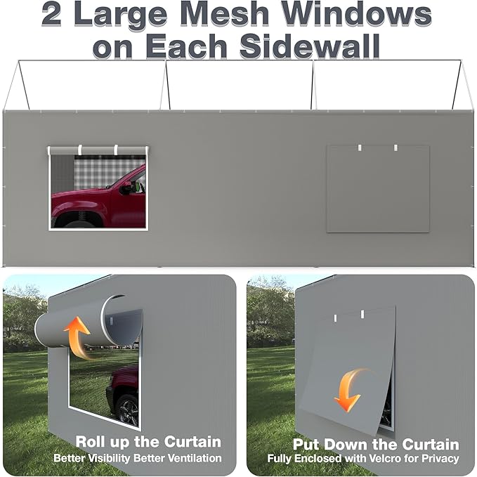Carport Canopy Replacement Sidewall 20x6.6 FT Fits 10x20, 12x20 FT Carport with Roll-up Windows, Waterproof & UV Protected, Easy Assembly with Ball Bungees, Grey (Sidewalls Only, 2 Pack)
