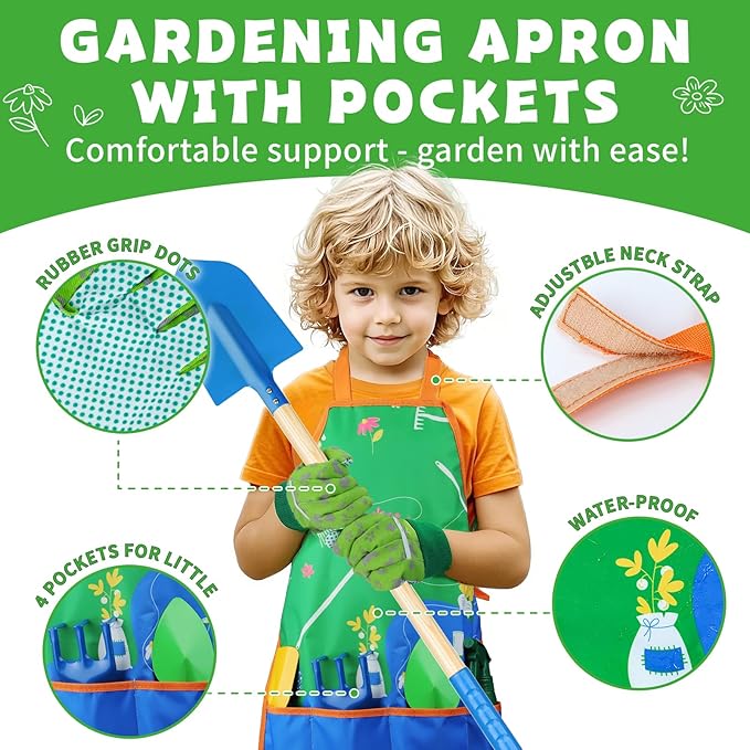 Magic4U 11-Piece Kids Gardening Set with Wheelbarrow, Shovel, Rake, Hoe, Gloves & Apron - Heavy-Duty Steel Tools & Interchangeable Handles, Outdoor Yard Toys for Boys Girls Ages 3-8