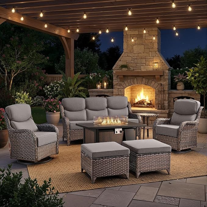 Luxury High Back Outdoor Furniture with 6-inch Extra Thick Cushions, Patio Furniture Set with Fire Pit Table & Swivel Chairs, 7 PCS Wicker Conversation Set for Patio, Yard, Deck, Poolside, Brown/Grey
